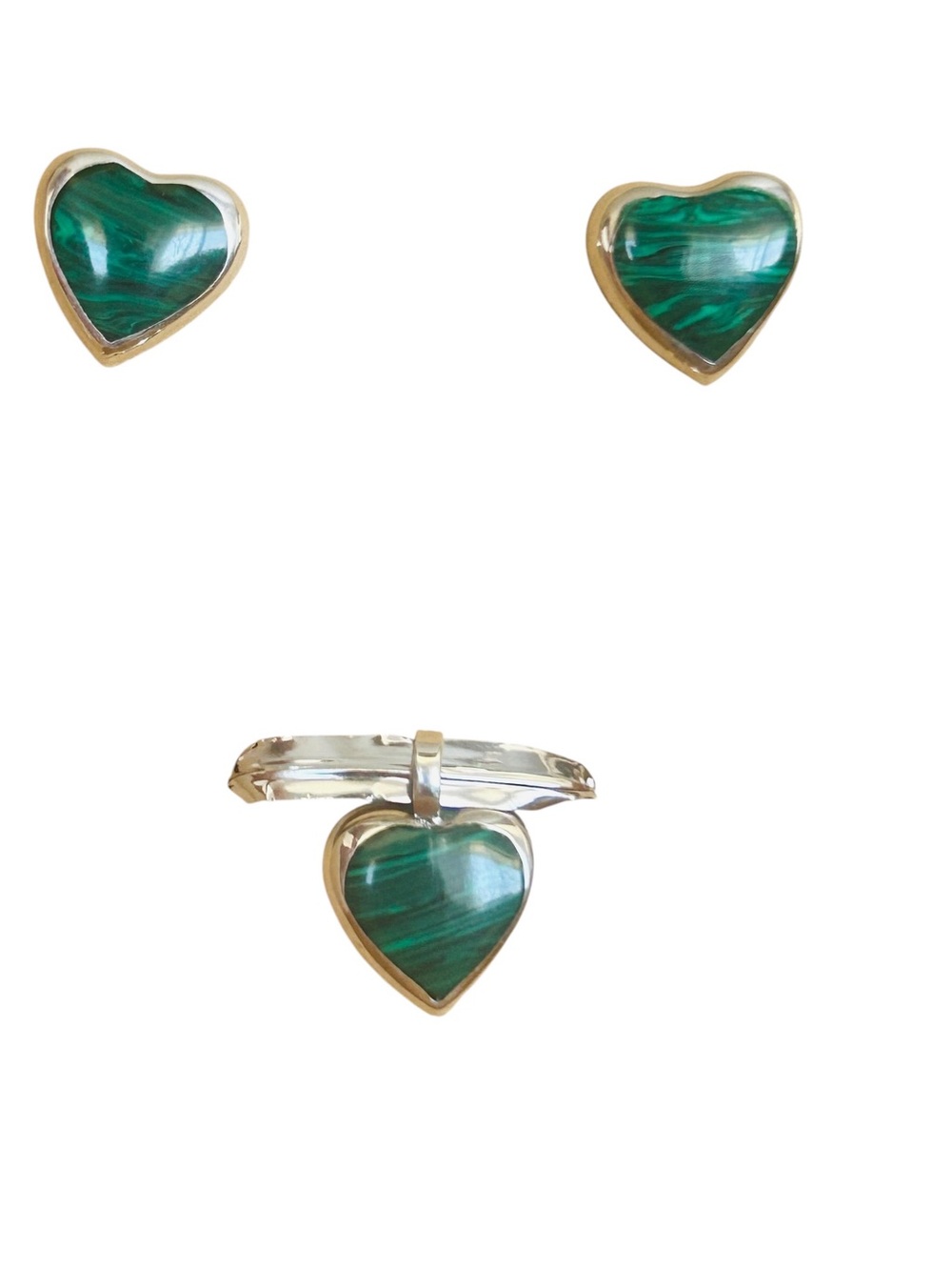 Taxco Mexico .925 Sterling Silver Heart Jewelry Set – Green Stone – Aprox 1.5 CM